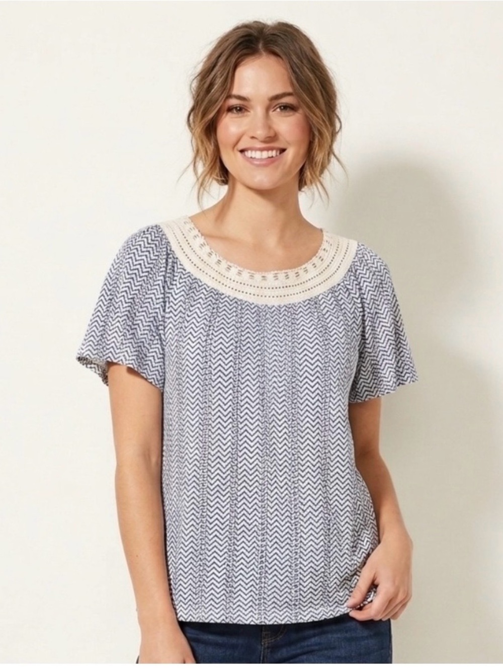 Style & Co. Navy and White Chevron Crochet Neck Top. Size Medium.  NWT